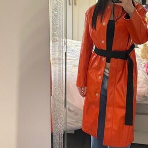 Women’s Orange Faux-Leather Trench Coat with Black Waist Tie